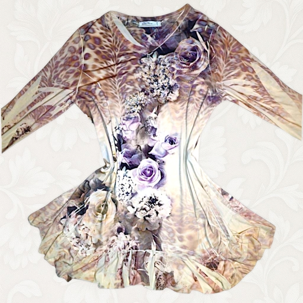 Y2K Mesh Floral Rhinestone Dress – Glam Leopard Print Sheer Sleeve Mini